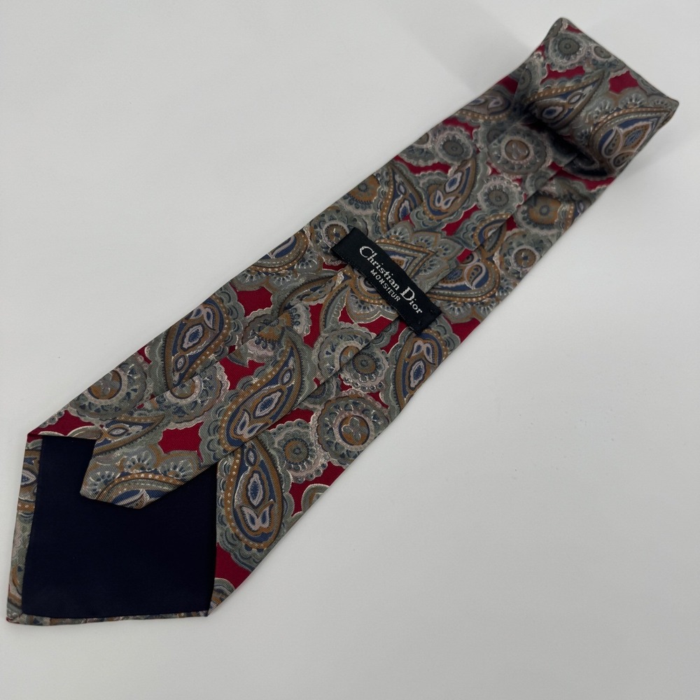 VTG Christian Dior Monsieur Paisley Silk Tie Red Gold Classic Made in USA Italy - Picture 5 of 8